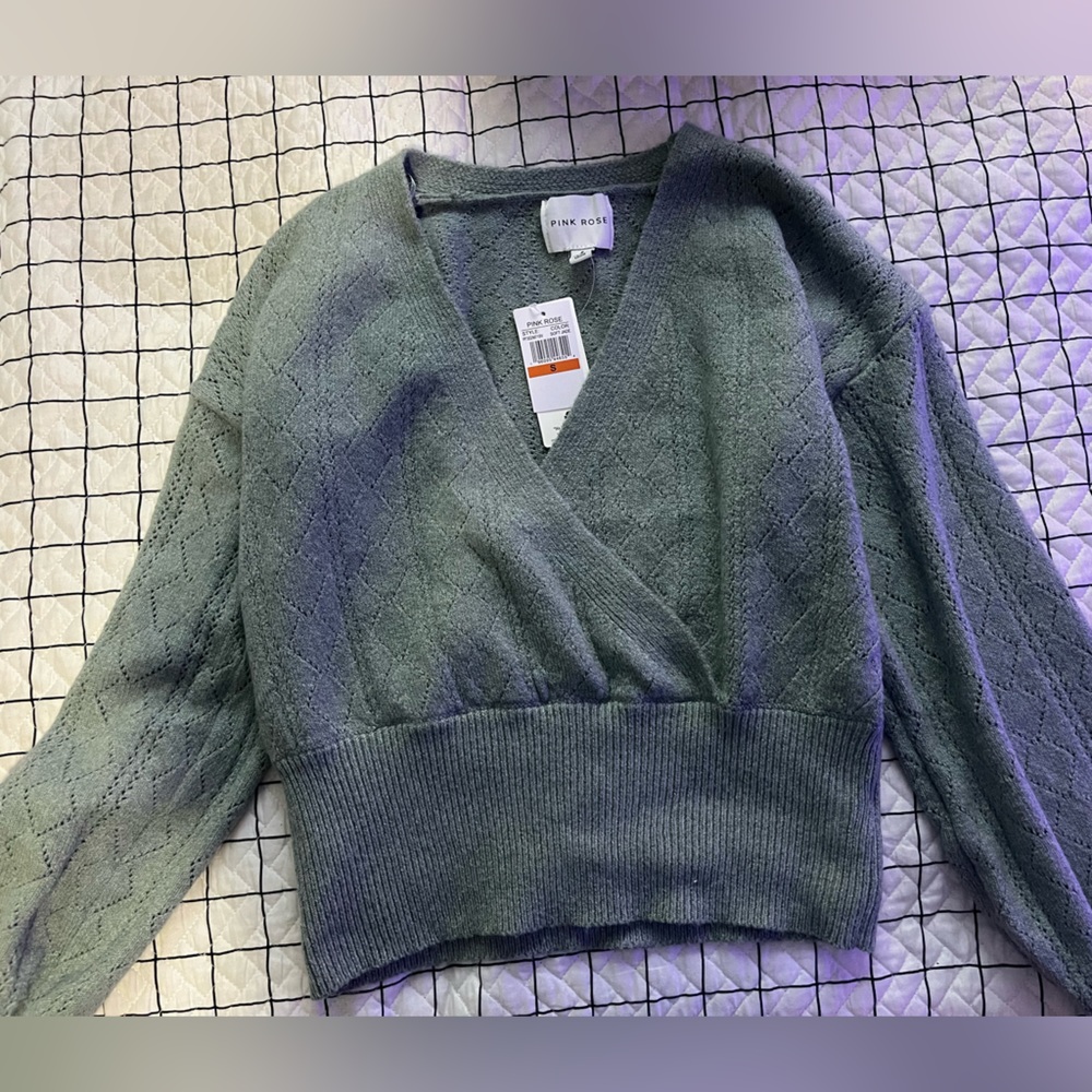 pink rose blue sweater